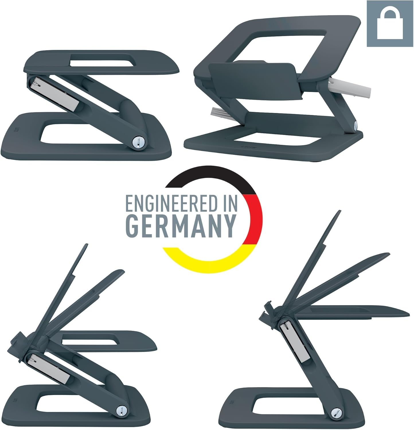 Height Adjustable Multi-Angle Laptop Stand, 80% Recycled Plastic, Six Pre-Set Height & Angle Combinations, Compact Footprint, 100% Recyclable, Ergo Range, Dark Grey, 64240089