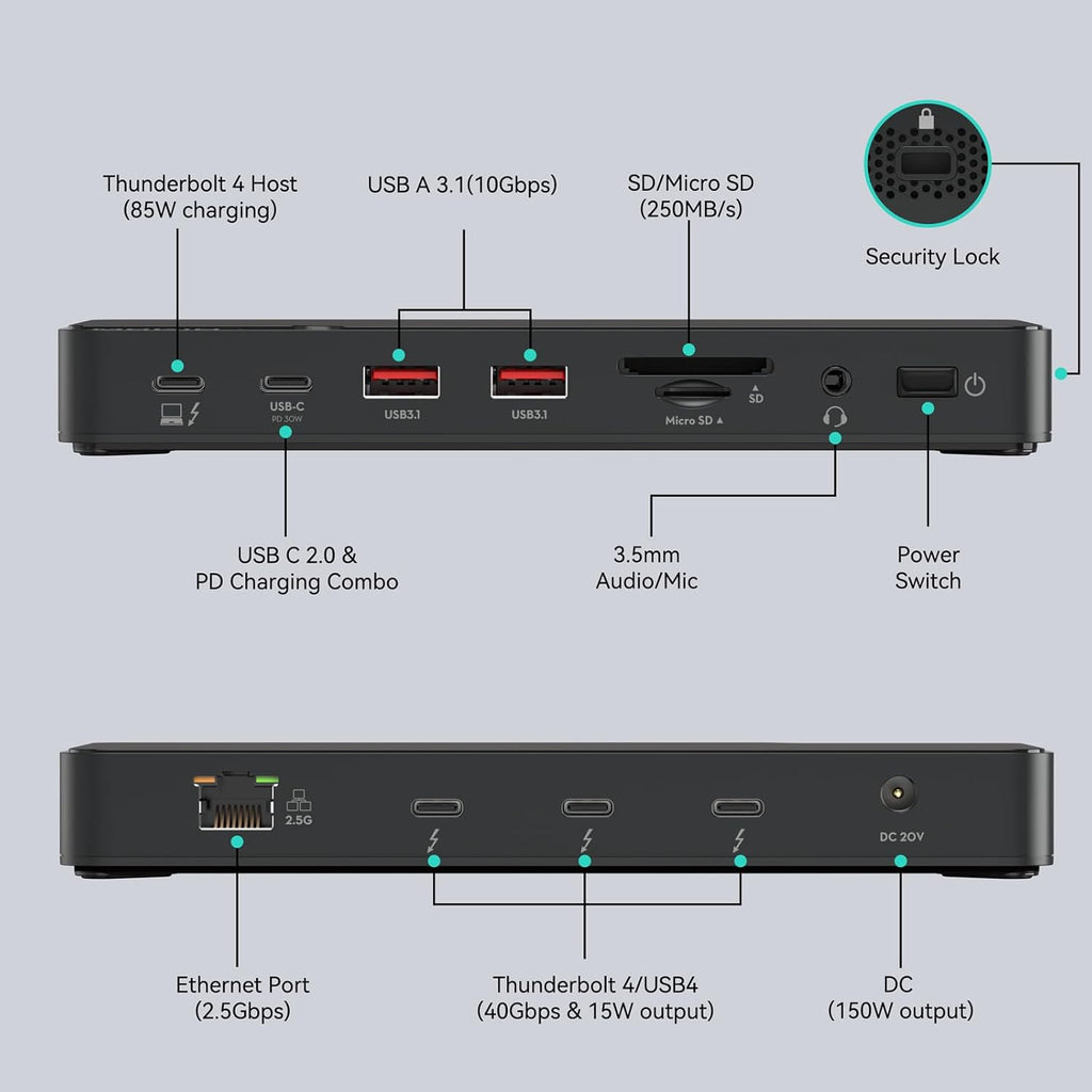 Thunderbolt 4 Dock, 12-In-1, Single 8K or Dual 4K @ 60Hz Display, 85W Charging, 3 X 40G Thunderbolt 4, 2 X 10G USB-A, 1 X USB-C (PD 30W), 2.5Gbe, Audio, SD/TF 4.0, Compatible for Mac and Windows