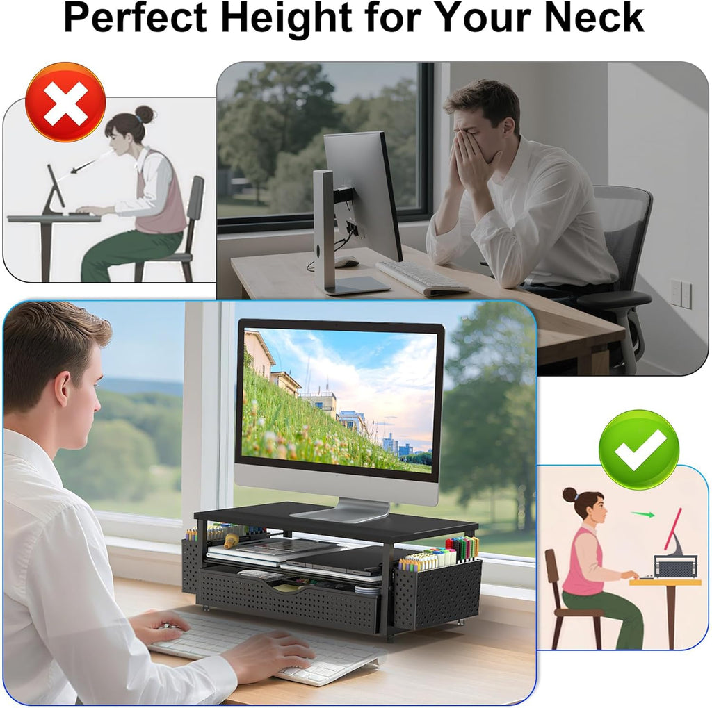 Monitor Stand with Drawer, Desk Organiser and Accessories, 2-Tier Computer Monitor Stand Riser with Drawer and 2 Pen Holder, Laptop Stand, Office Desk Accessories for Desk Tidy