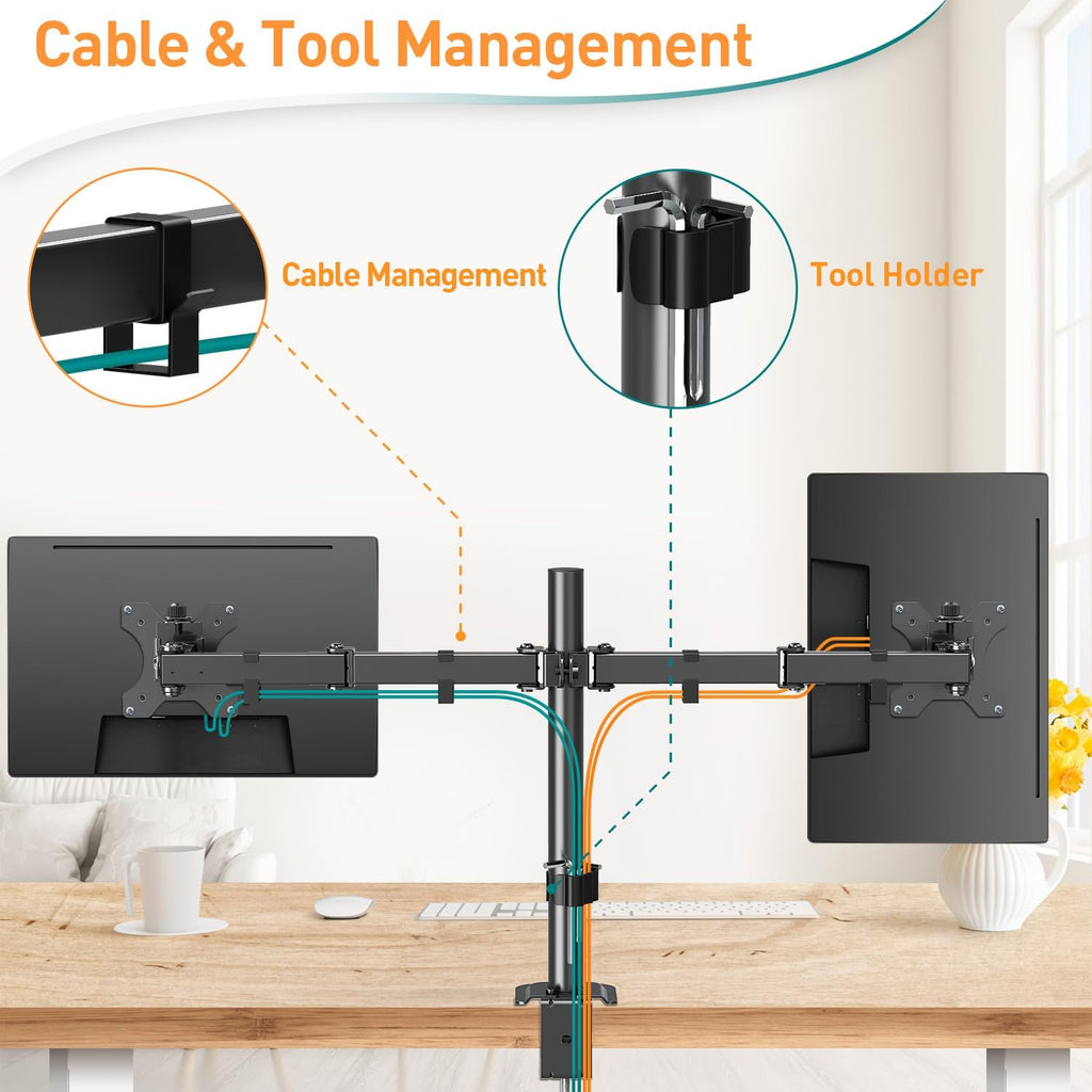 Dual Monitor Arms for 13-32 Inch LED LCD Screens, Flat/Curved, VESA 75/100Mm, Adjustable Height, Tilt & Swivel, up to 8KG