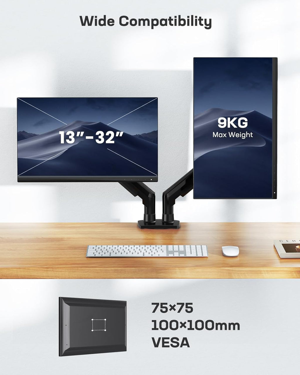 Dual Monitor Stand for 13 to 32 Inch Screens, Dual Gaming Monitor Arm Desk Mount for Curved Flat Screens, Double Screen Arm Support VESA 75 & 100 Mm