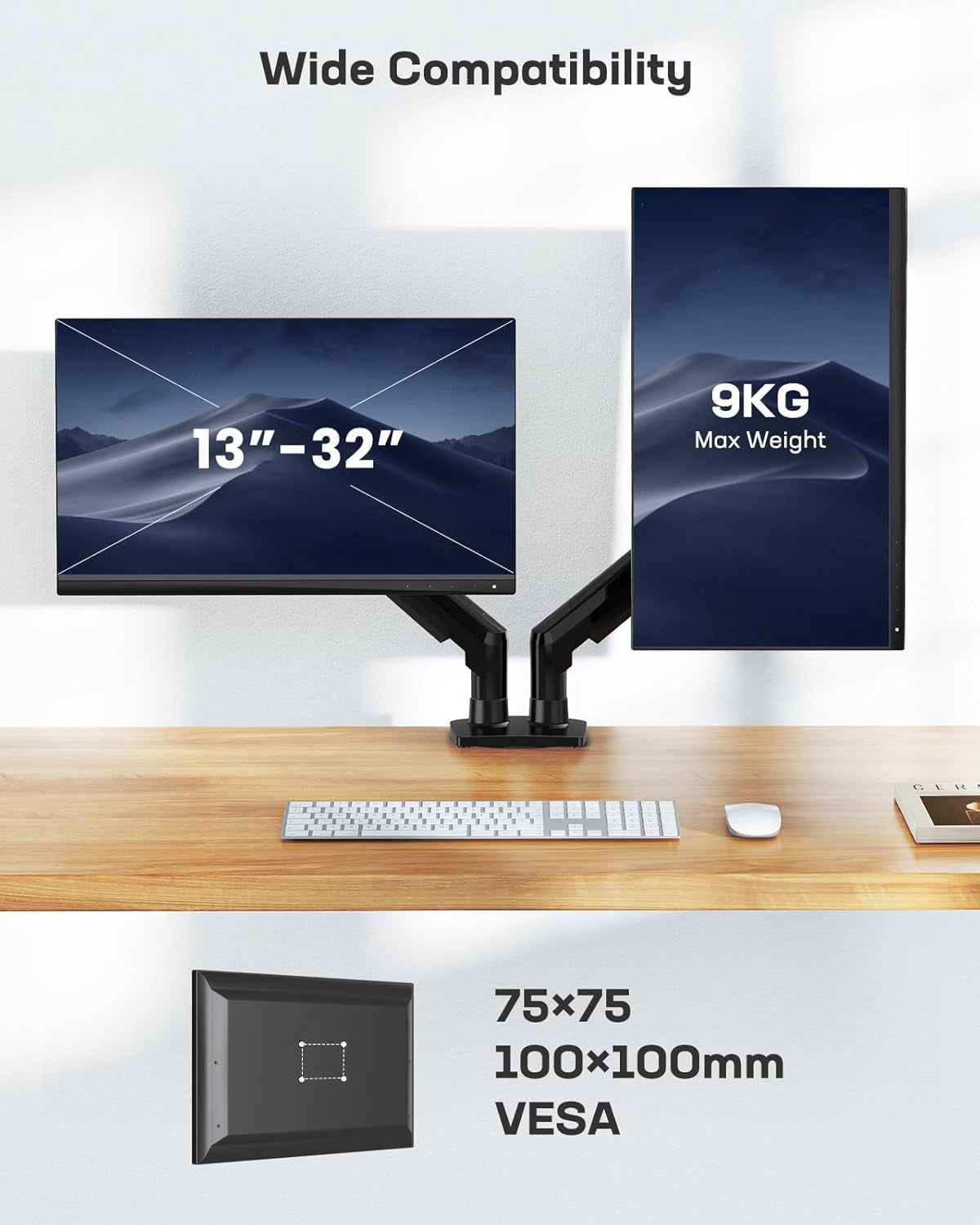 Dual Monitor Stand for 13 to 32 Inch Screens, Dual Gaming Monitor Arm Desk Mount for Curved Flat Screens, Double Screen Arm Support VESA 75 & 100 Mm