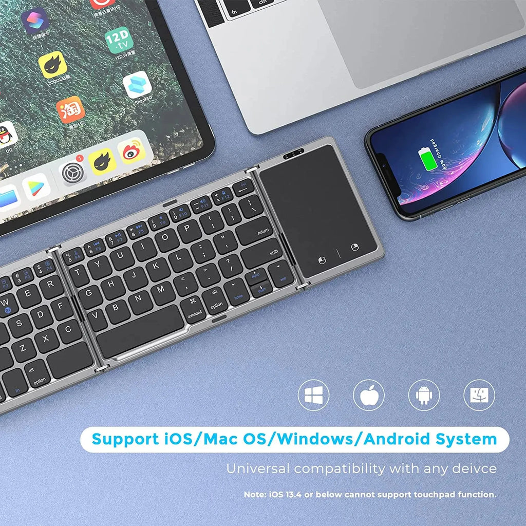 3-Folding Keyboard Tri-Bluetooth Keyboard with Touchpad for PC Windows Android IOS Phone Mini Keyboard Rechargeable Keyboard