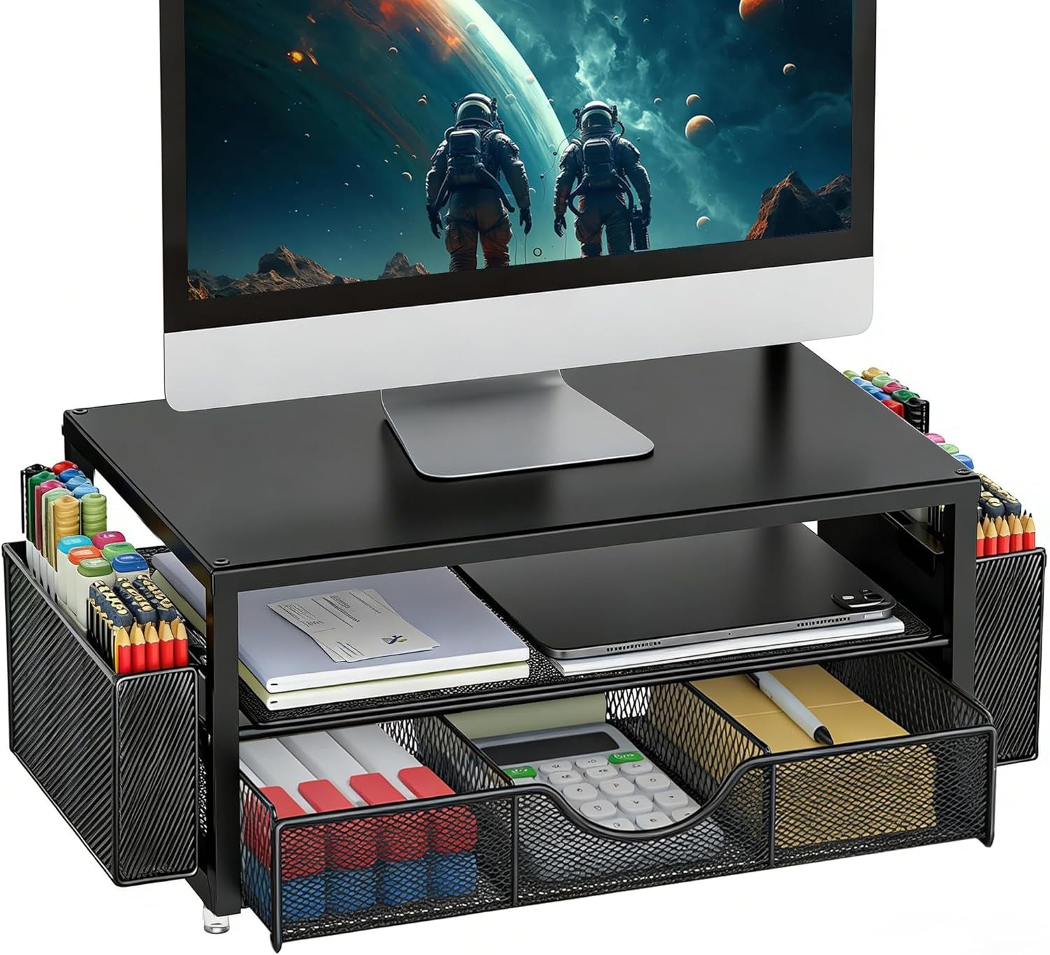 Monitor Stand with Drawer, Desk Organiser and Accessories, 2-Tier Computer Monitor Stand Riser with Drawer and 2 Pen Holder, Laptop Stand, Office Desk Accessories for Desk Tidy