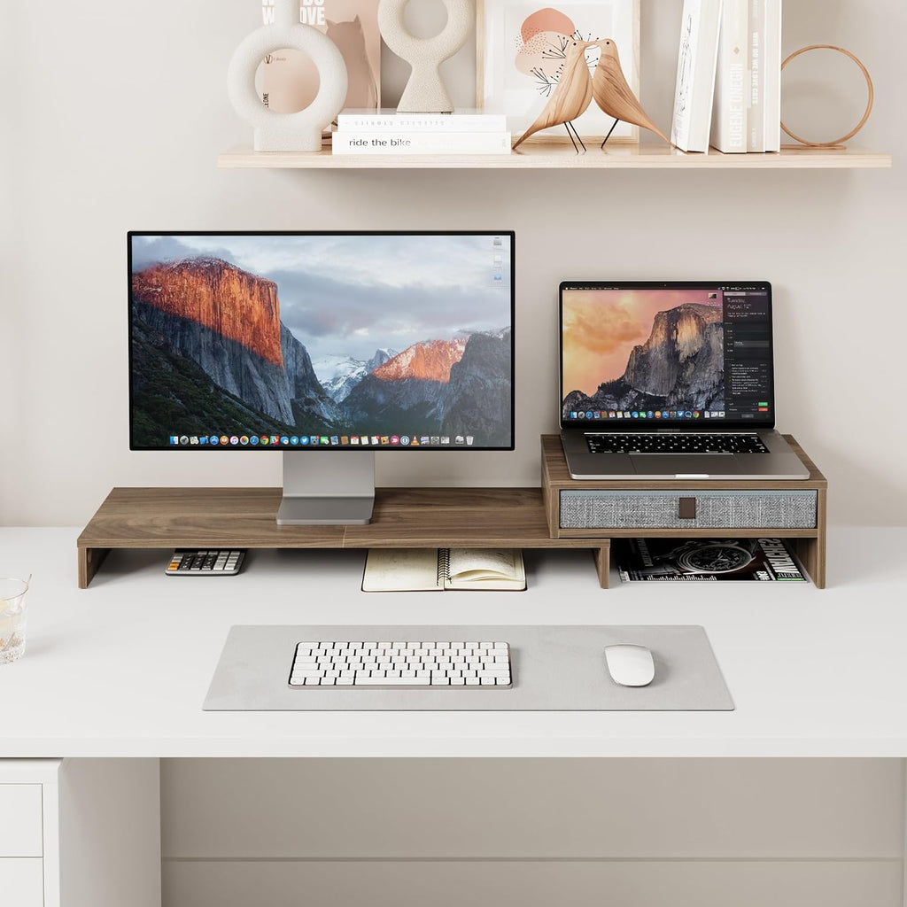 Monitor Stand Riser with Drawer 2 Shelf with Swivel and Adjustable Wood Computer Monitor Stands for 2 Monitors PC Laptop, Desktop Organizer (Brown)