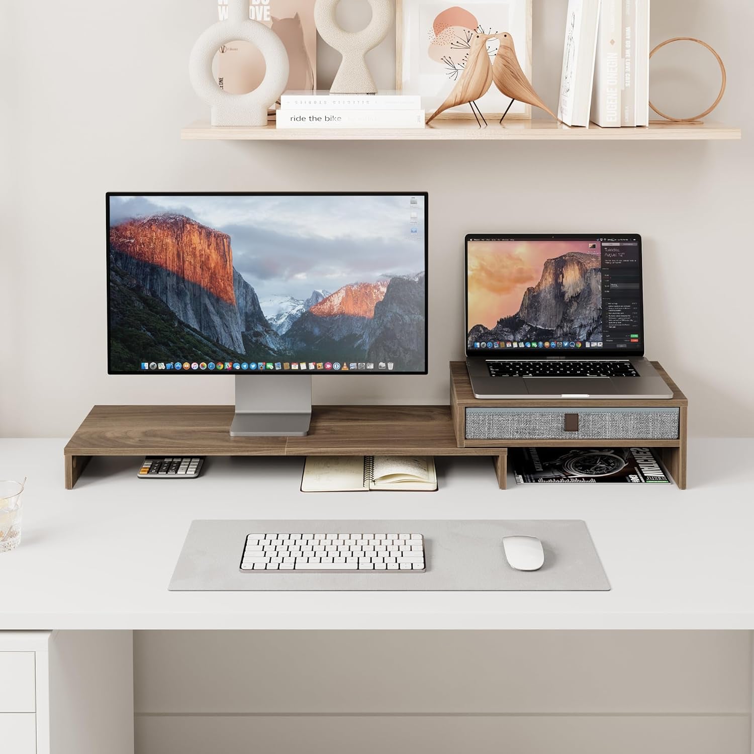 Monitor Stand Riser with Drawer 2 Shelf with Swivel and Adjustable Wood Computer Monitor Stands for 2 Monitors PC Laptop, Desktop Organizer (Brown)