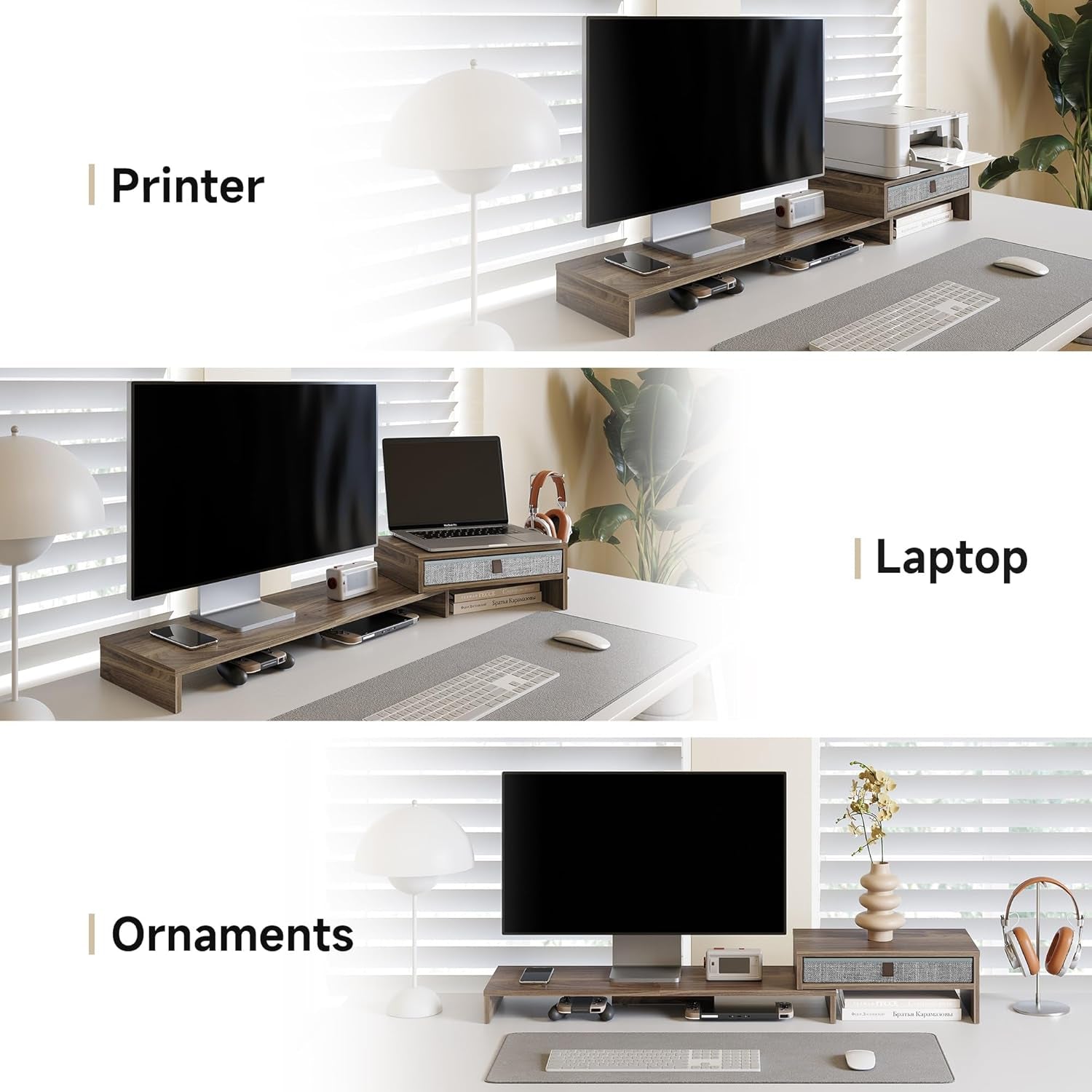 Monitor Stand Riser with Drawer 2 Shelf with Swivel and Adjustable Wood Computer Monitor Stands for 2 Monitors PC Laptop, Desktop Organizer (Brown)