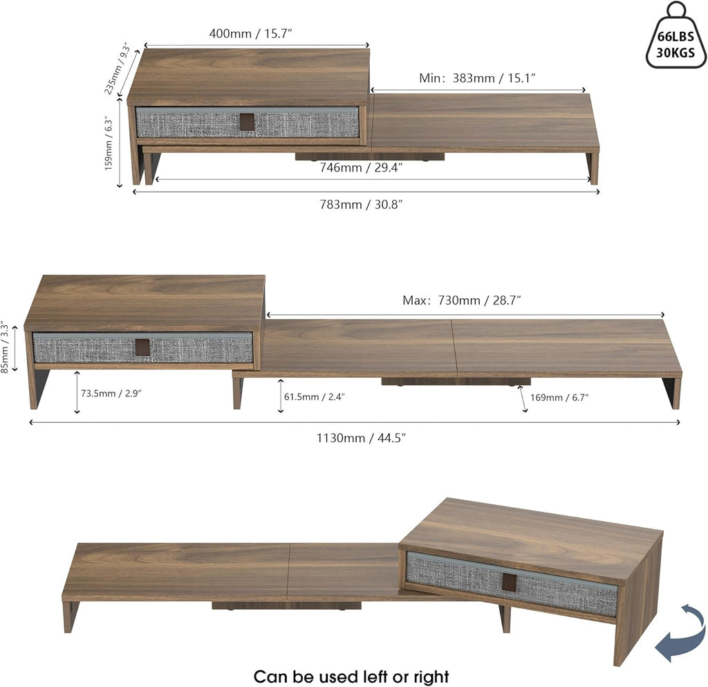 Monitor Stand Riser with Drawer 2 Shelf with Swivel and Adjustable Wood Computer Monitor Stands for 2 Monitors PC Laptop, Desktop Organizer (Brown)