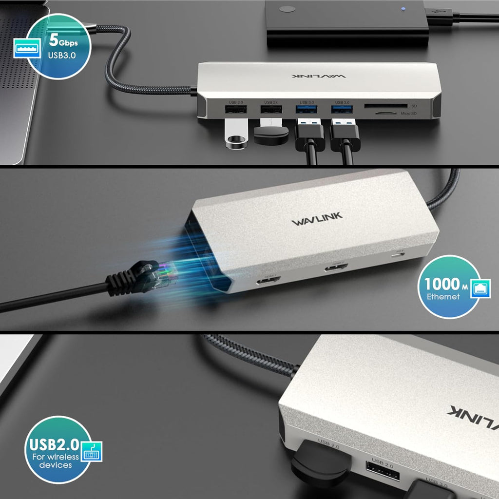 USB C Dual Monitor Docking Station, Docking Station with Two HDMI, DP, 100W PD, USB3.0&2.0, RJ45, SD/TF Slots, Audio/Microphone, Compatible with Windows Computers Only