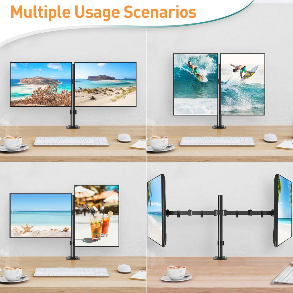 Dual Monitor Arms for 13-32 Inch LED LCD Screens, Flat/Curved, VESA 75/100Mm, Adjustable Height, Tilt & Swivel, up to 8KG