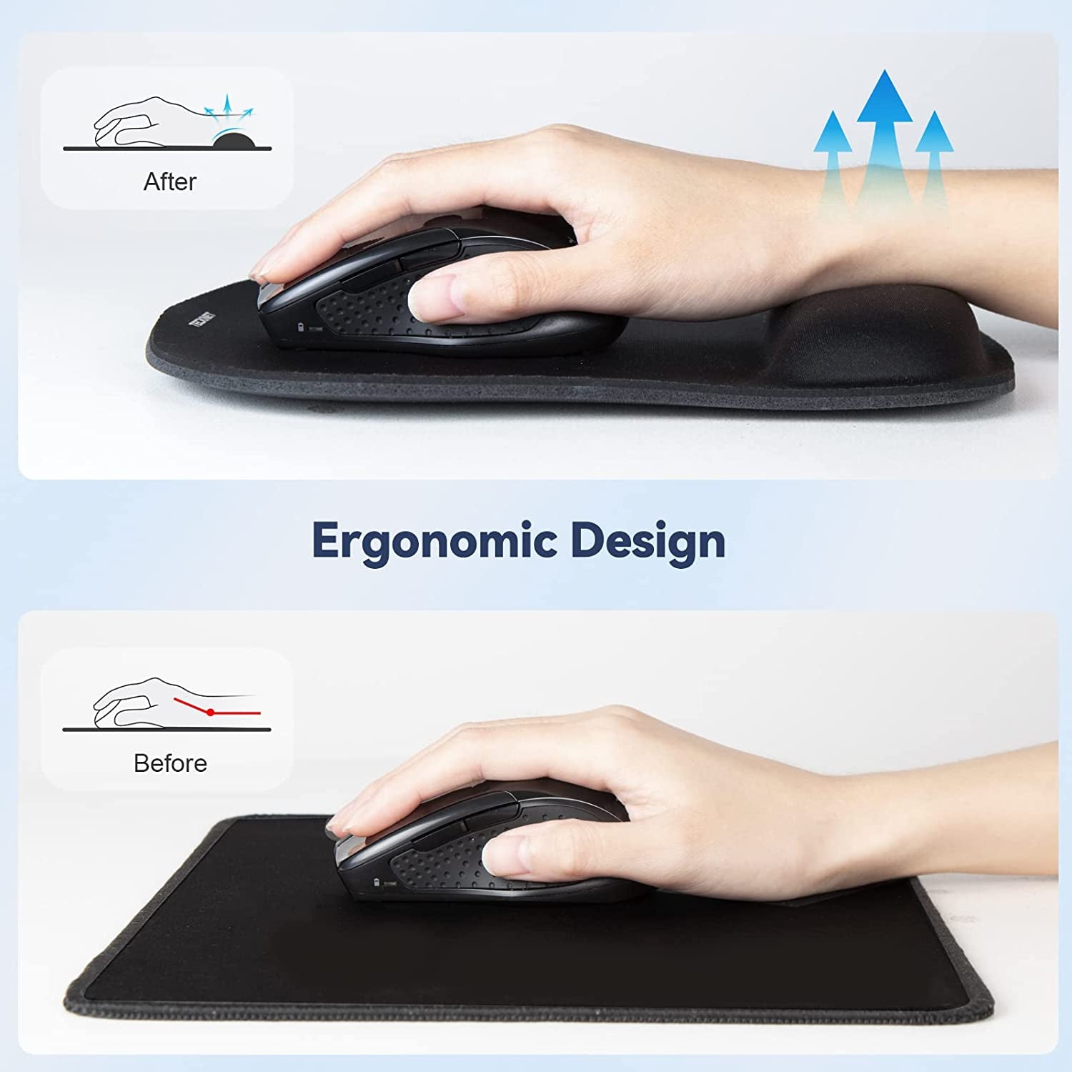 Mouse Mat Wrist Support, 2 Pack Ergonomic Mouse Mat with Memory Foam, Mice Pad with Anti-Slip Rubber Base, Waterproof Surface Mouse Pad for Computer, Laptop, Office, Home and Travel, Black