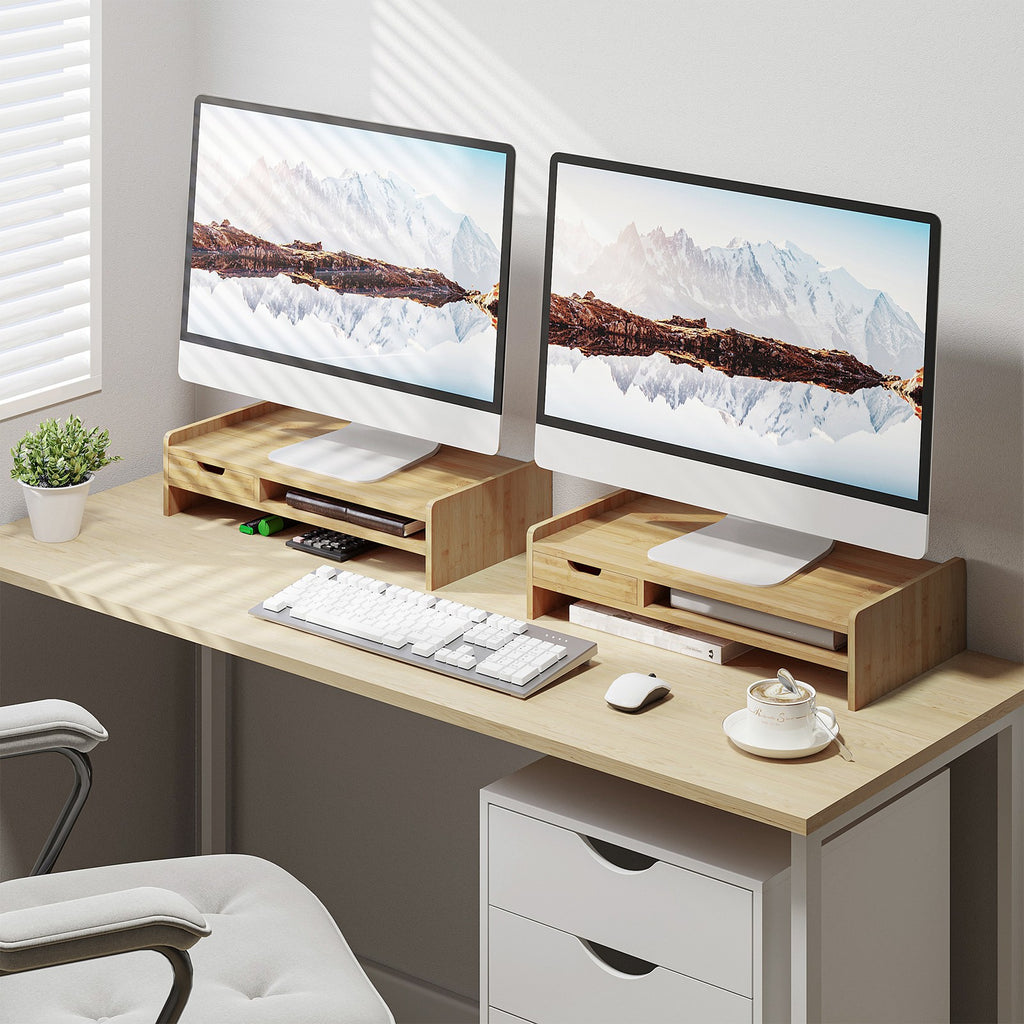 Monitor Riser Laptop PC Plinth Stand Organiser Computer Screen W/ Drawer Bamboo