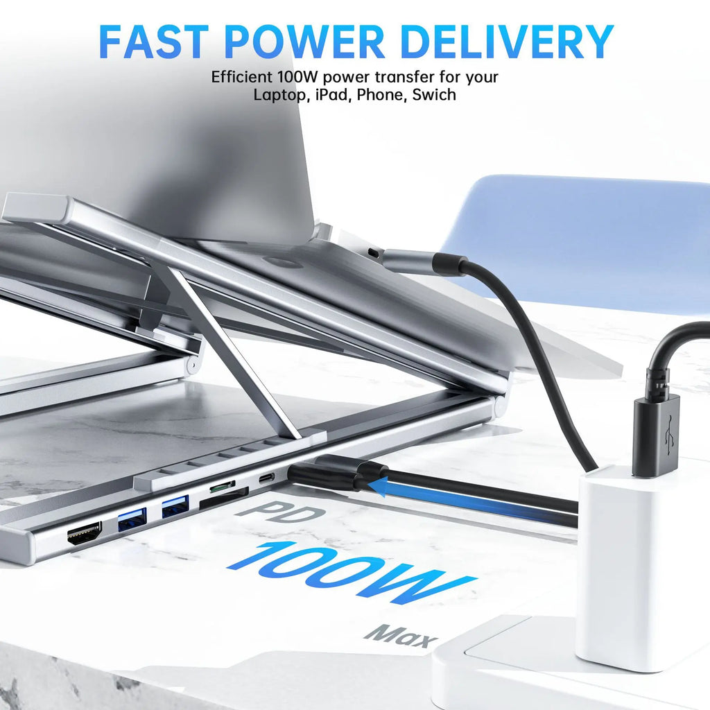 USB C Laptop Stand Docking Station with 7-In-1 HUB USB3.0 4K HDMI SD TF Card Reader Aluminium Adjustable Bracket for PC Notebook
