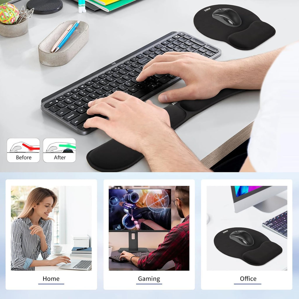 Keyboard Wrist Rest and Mouse Mat Wrist Support, Comfortable Memory Foam Mouse Pad Wrist Support Cushion with Anti-Slip Grip for Office Computer Laptop Working Gaming (Black Combo)