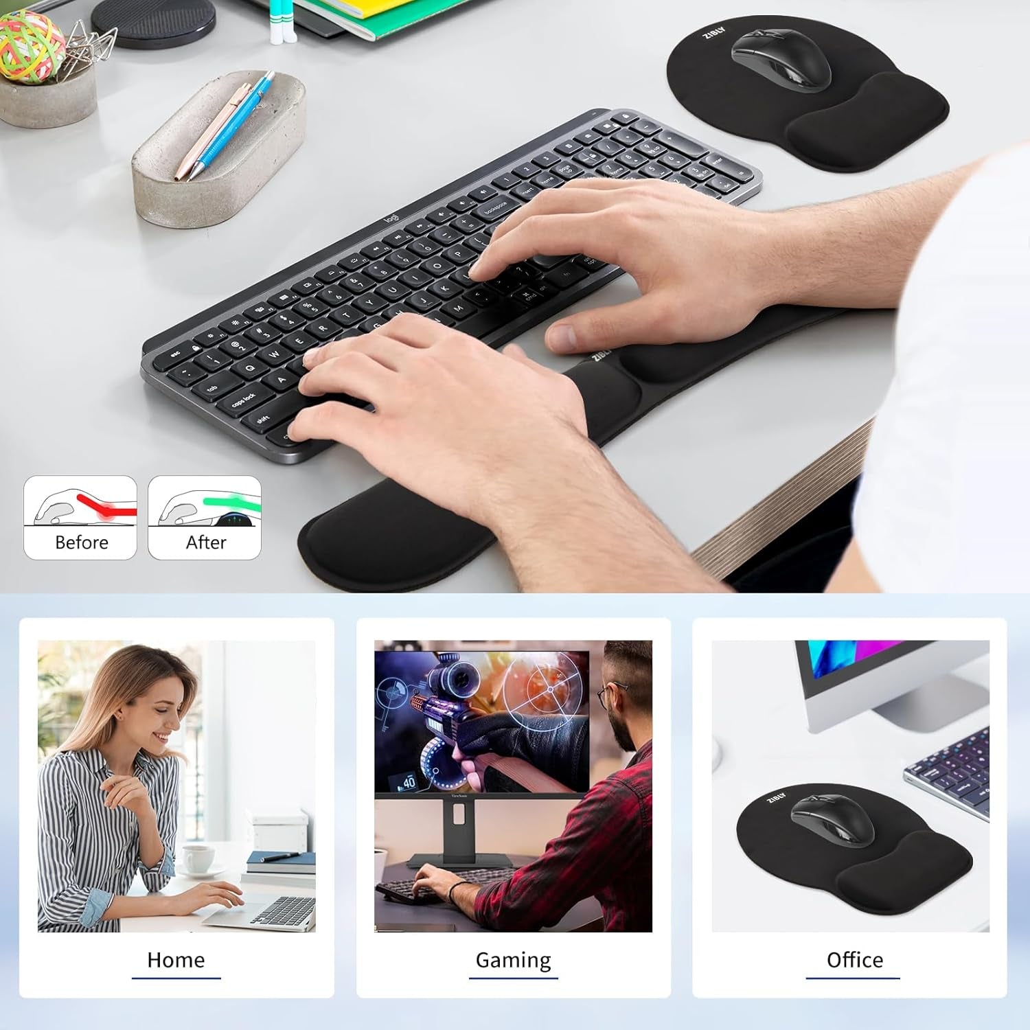 Keyboard Wrist Rest and Mouse Mat Wrist Support, Comfortable Memory Foam Mouse Pad Wrist Support Cushion with Anti-Slip Grip for Office Computer Laptop Working Gaming (Black Combo)
