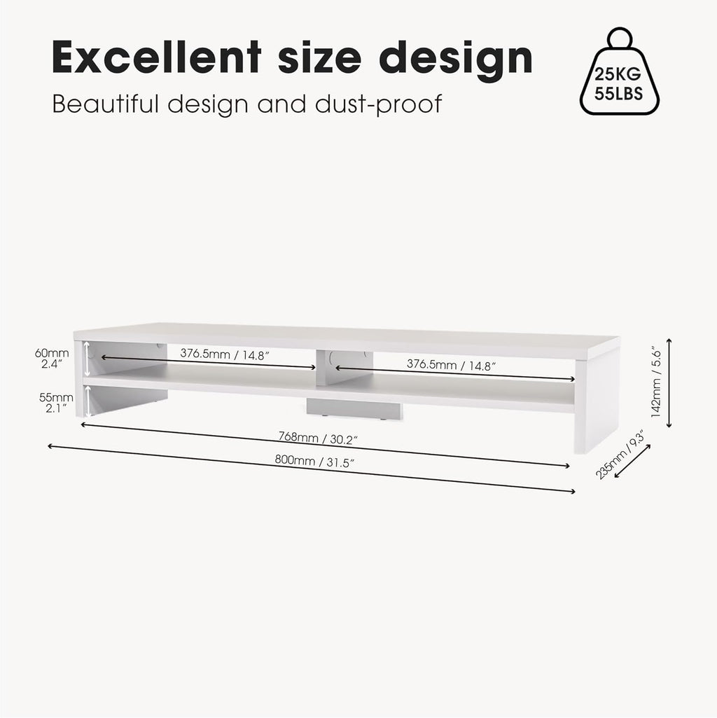 Monitor Stand Riser 2 Tiers Computer Monitor Stand Wood Desk Organizer for Pc/Laptop/Printer/Tv 80X23.5X14.2Cm Max Load 25KG Brown (White)