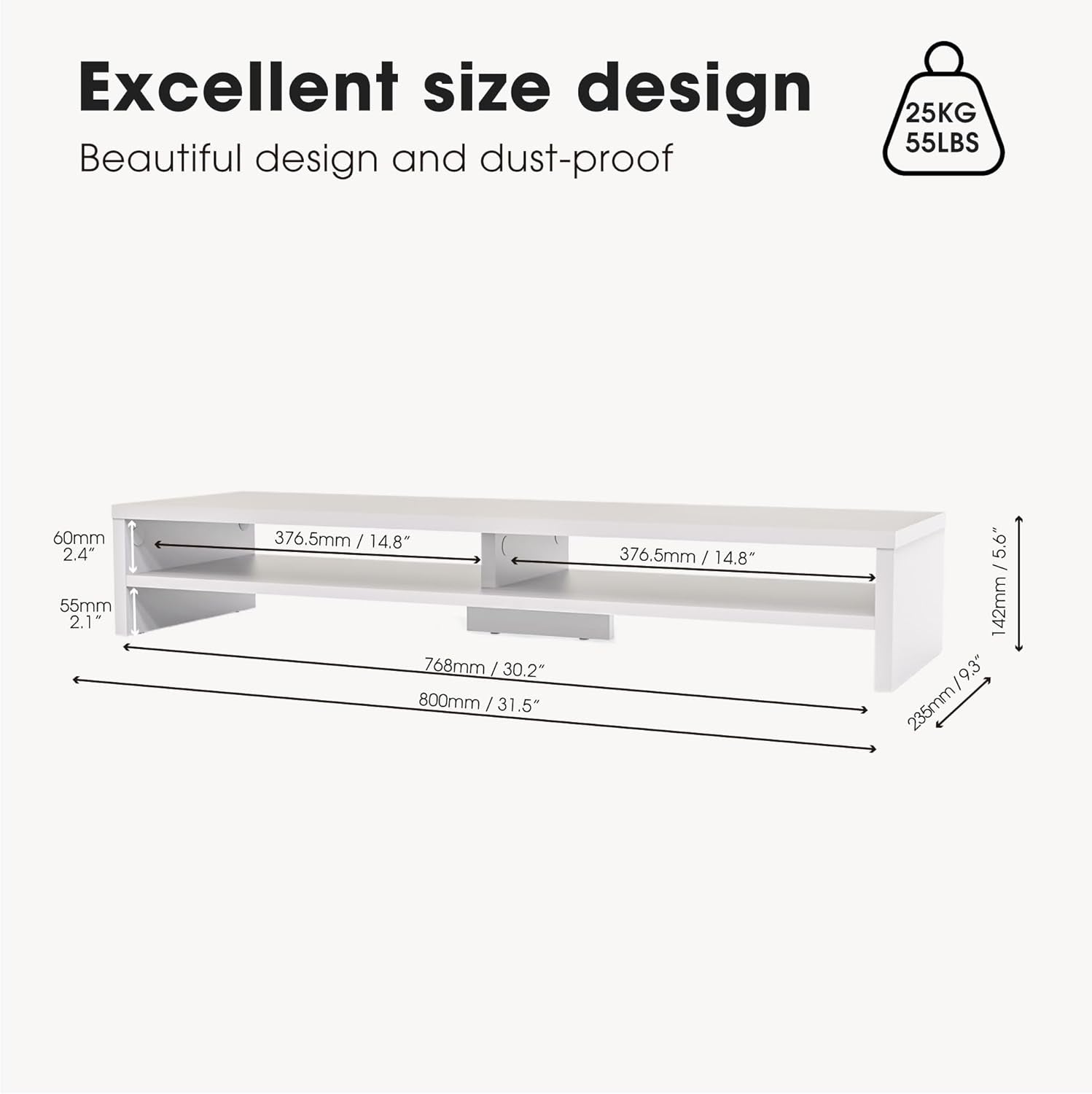 Monitor Stand Riser 2 Tiers Computer Monitor Stand Wood Desk Organizer for Pc/Laptop/Printer/Tv 80X23.5X14.2Cm Max Load 25KG Brown (White)