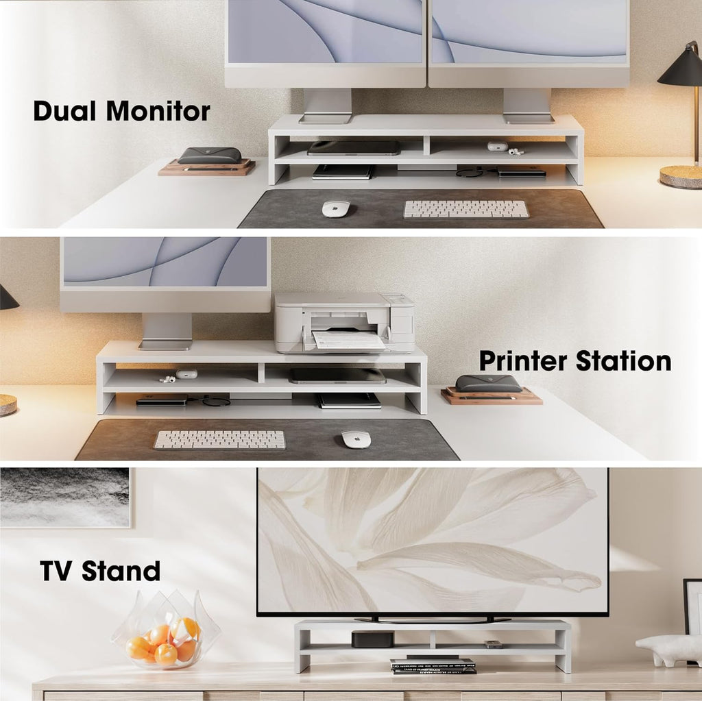 Monitor Stand Riser 2 Tiers Computer Monitor Stand Wood Desk Organizer for Pc/Laptop/Printer/Tv 80X23.5X14.2Cm Max Load 25KG Brown (White)