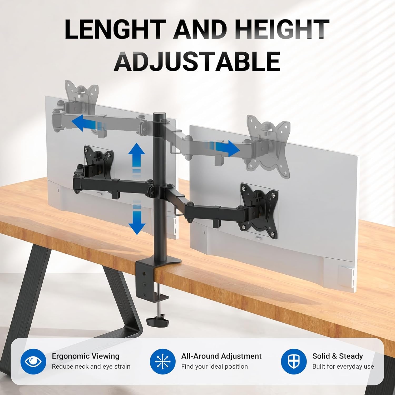Dual Monitor Arm for 13-32 Inch Screens, Dual Monitor Stand for Desks Mount, Height Adjustable, Rotate 360° Tilt ±90° Swivel ±90° , VESA 75/100Mm, MAX. 9KG, GB2001-2